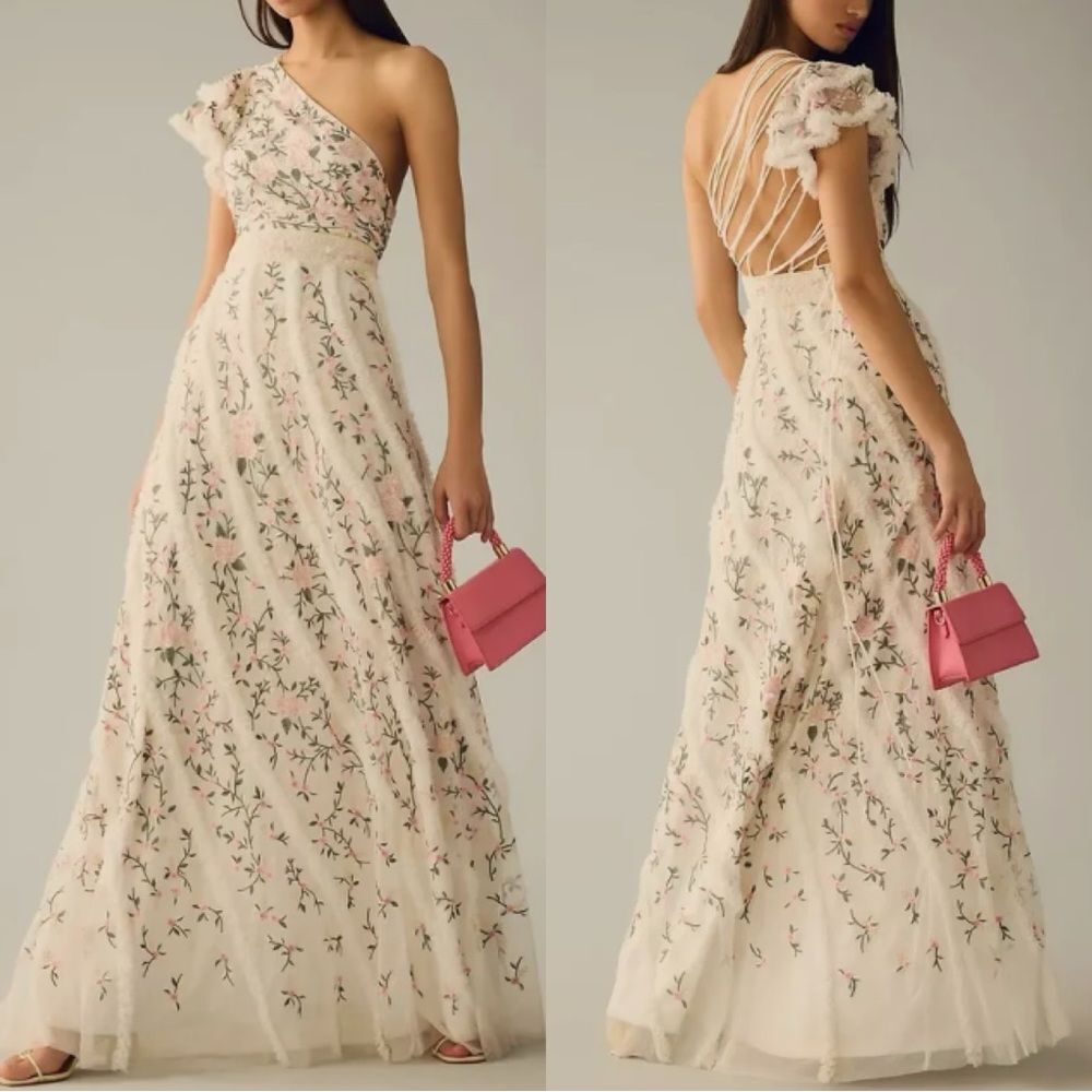 New Anthropologie Mac Duggal floral strappy one shoulder beaded embroidered gown